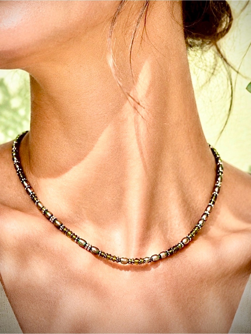 Peacock Freshwater Pearl Olive Green Crystal Beaded Necklace 19” Artisan - Picture 14 of 15